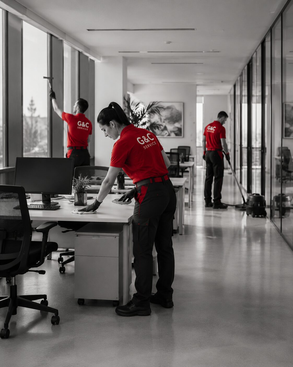 Operatrici e operatori G&C Service durante la pulizia di un ufficio
